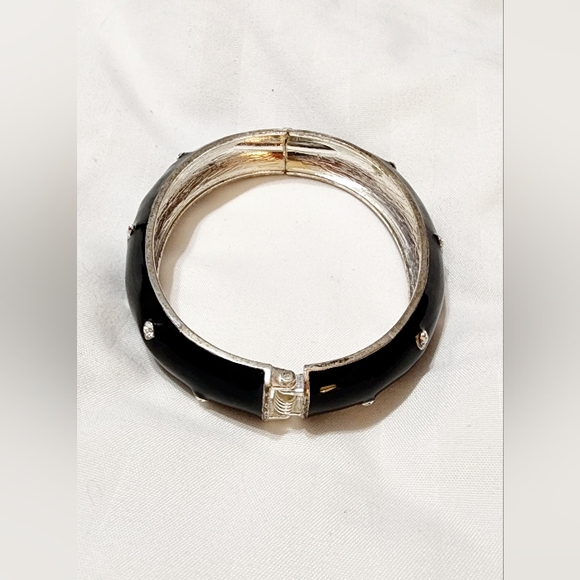 2 Hinge Bangle Bracelets Black Enamel w/Crystals & Bamboo Silvertone w/Crystals - Picture 5 of 13